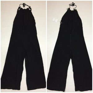 NWT ODE TO JEUNE Black Open Back Wide Leg Zip Back One Piece Halter Jumpsuit